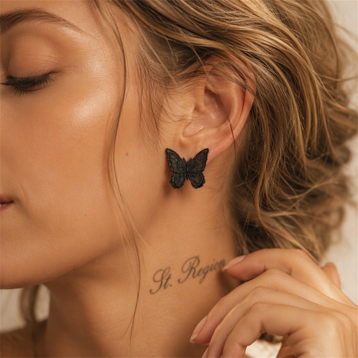 Black and Silver-Plated Embroidery Butterfly Stud Earrings, silver stud earrings for women, botanical inspired, styled look