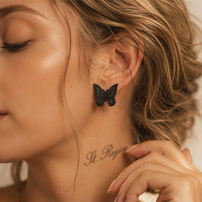 Black and Silver-Plated Embroidery Butterfly Stud Earrings, silver stud earrings for women, botanical inspired, styled look