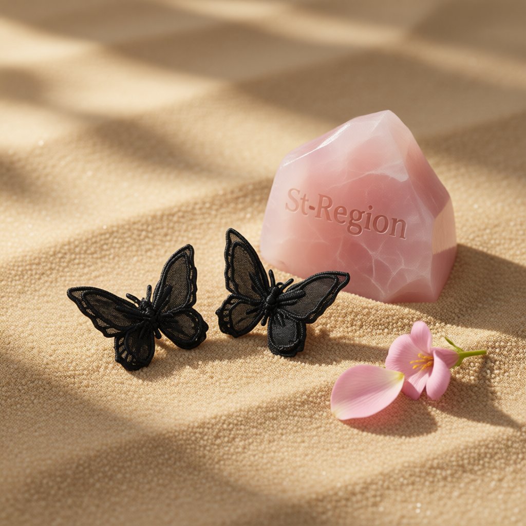 Black and Silver-Plated Embroidery Butterfly Stud Earrings, silver stud earrings for women, detail close-up