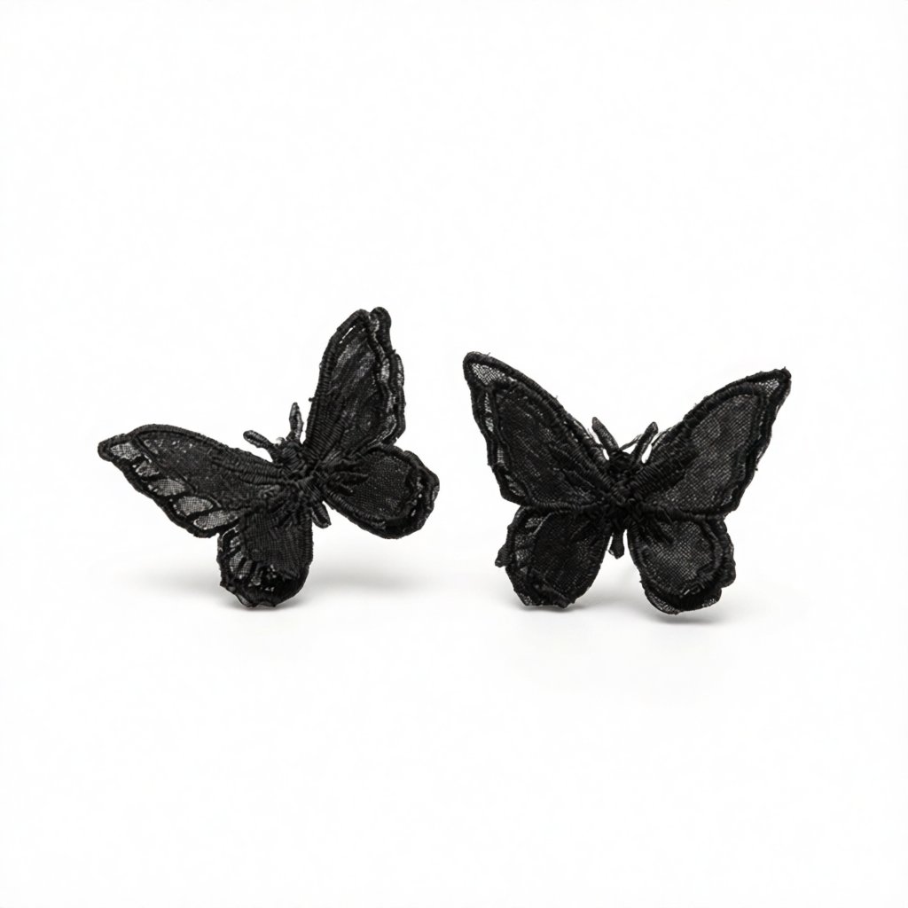 Black and Silver-Plated Embroidery Butterfly Stud Earrings, silver stud earrings for women, botanical inspired, side view