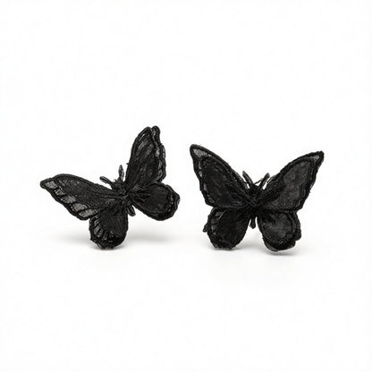 Black and Silver-Plated Embroidery Butterfly Stud Earrings, silver stud earrings for women, botanical inspired, side view