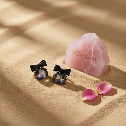 Black Crystal Bow Stud Earrings, stud earrings for women, dainty minimalist design, detail close-up