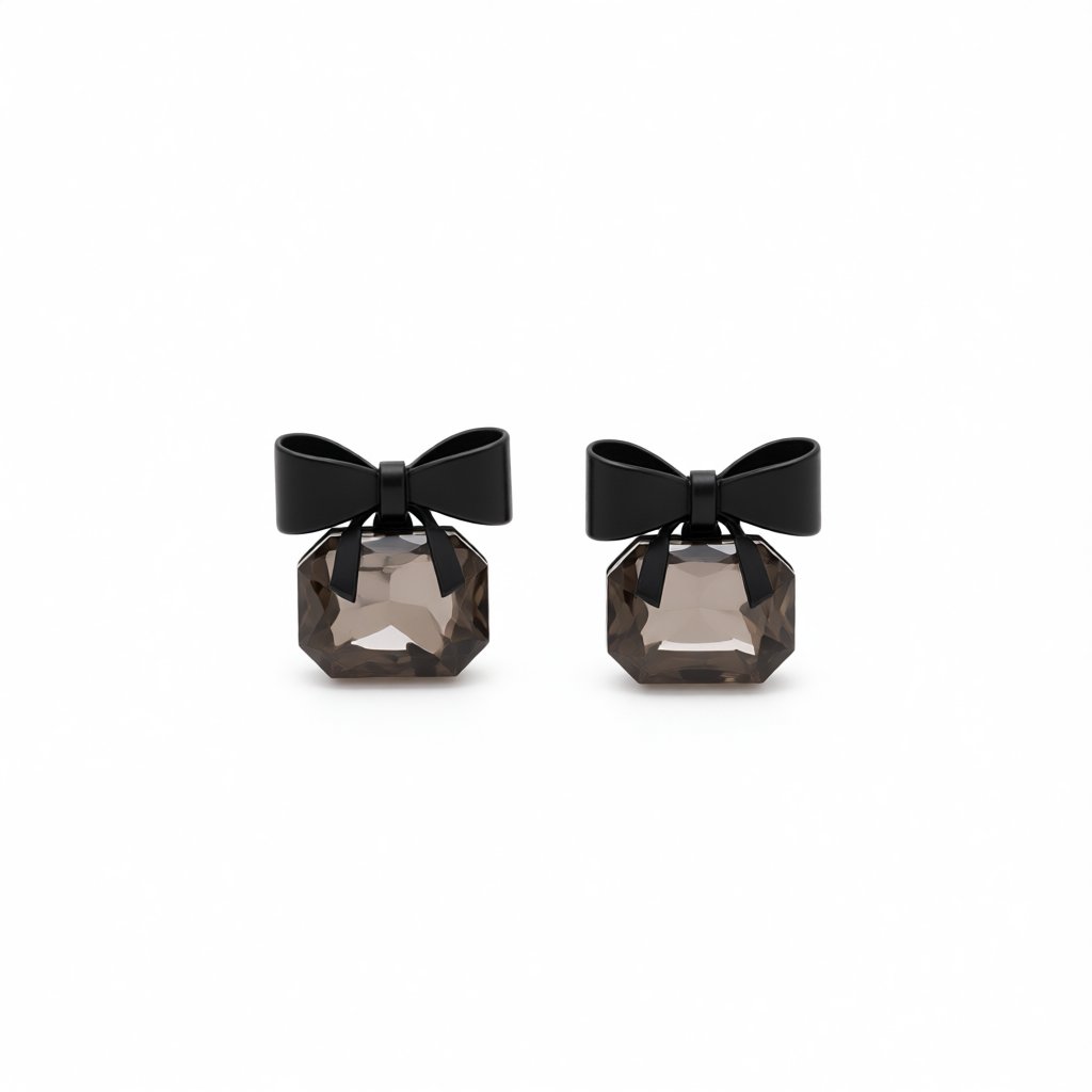Black Crystal Bow Stud Earrings, stud earrings for women, dainty minimalist design, side view