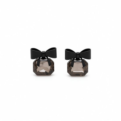 Black Crystal Bow Stud Earrings, stud earrings for women, dainty minimalist design, side view