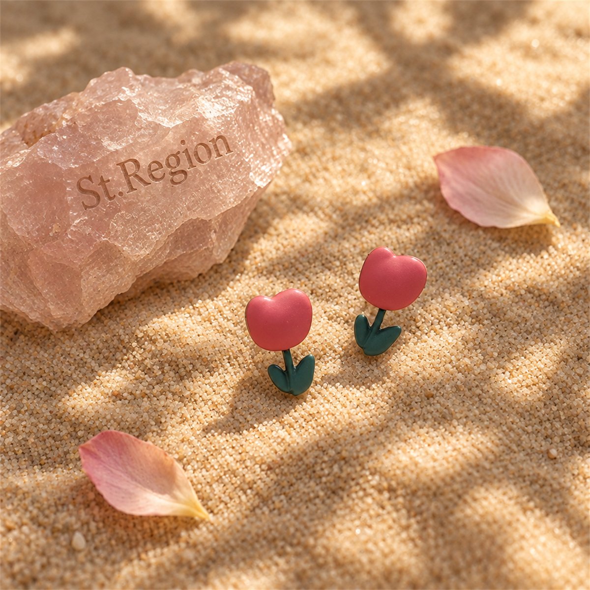 Pink and Green Enamel Tulip Stud Earrings, stud earrings for women, botanical inspired, detail close-up