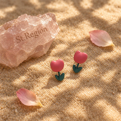 Pink and Green Enamel Tulip Stud Earrings, stud earrings for women, botanical inspired, detail close-up