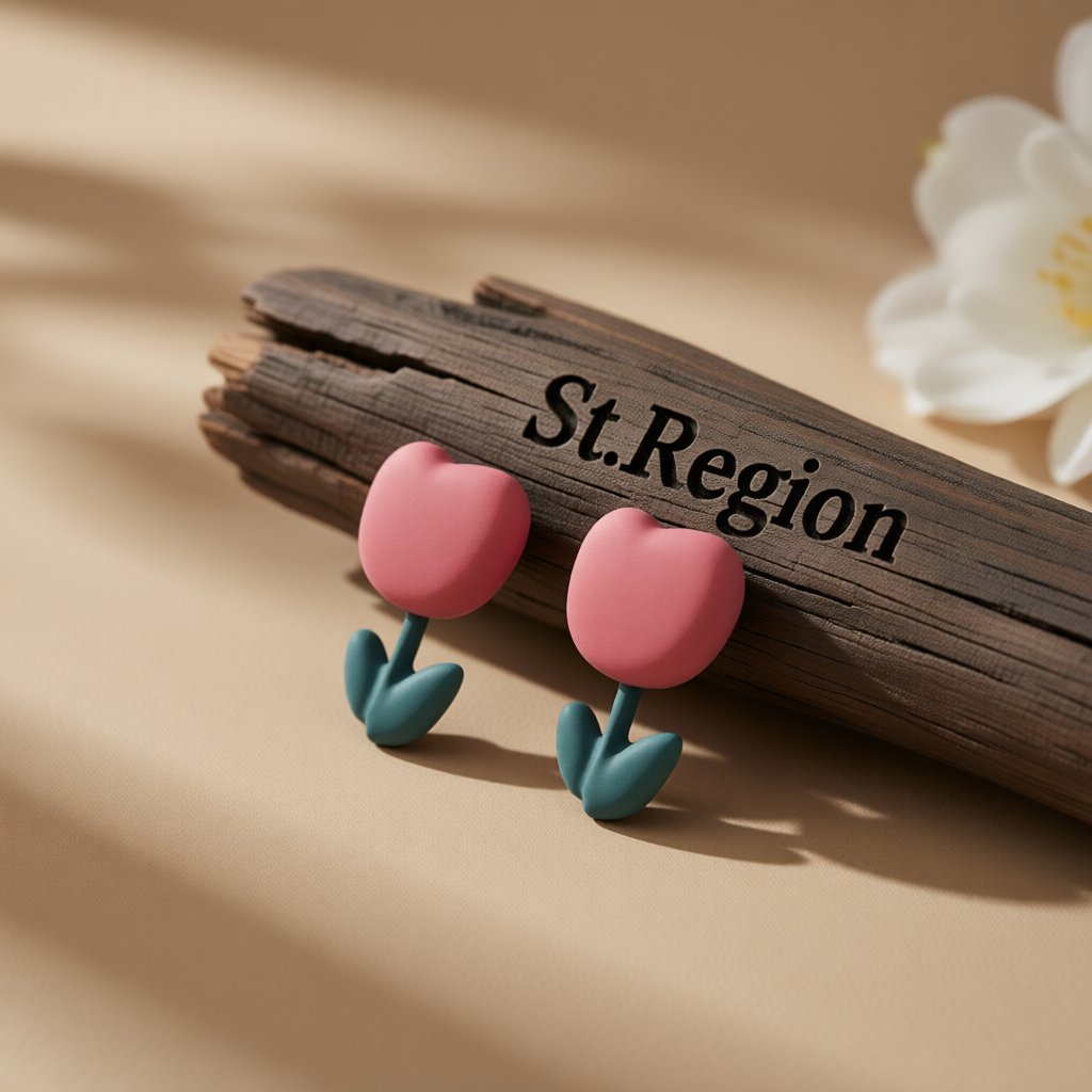 Pink and Green Enamel Tulip Stud Earrings, stud earrings for women, botanical inspired, front view