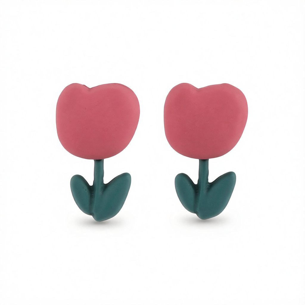 Pink and Green Enamel Tulip Stud Earrings, stud earrings for women, botanical inspired, side view