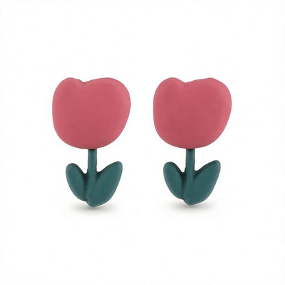 Pink and Green Enamel Tulip Stud Earrings, stud earrings for women, botanical inspired, side view