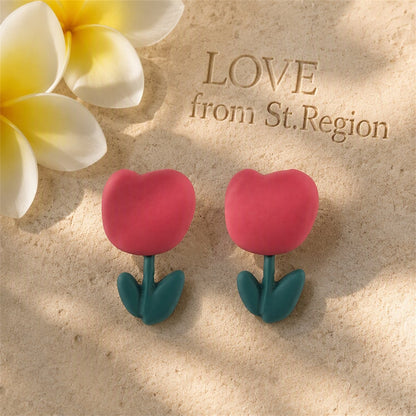 Pink and Green Enamel Tulip Stud Earrings, stud earrings for women, botanical inspired, lifestyle look