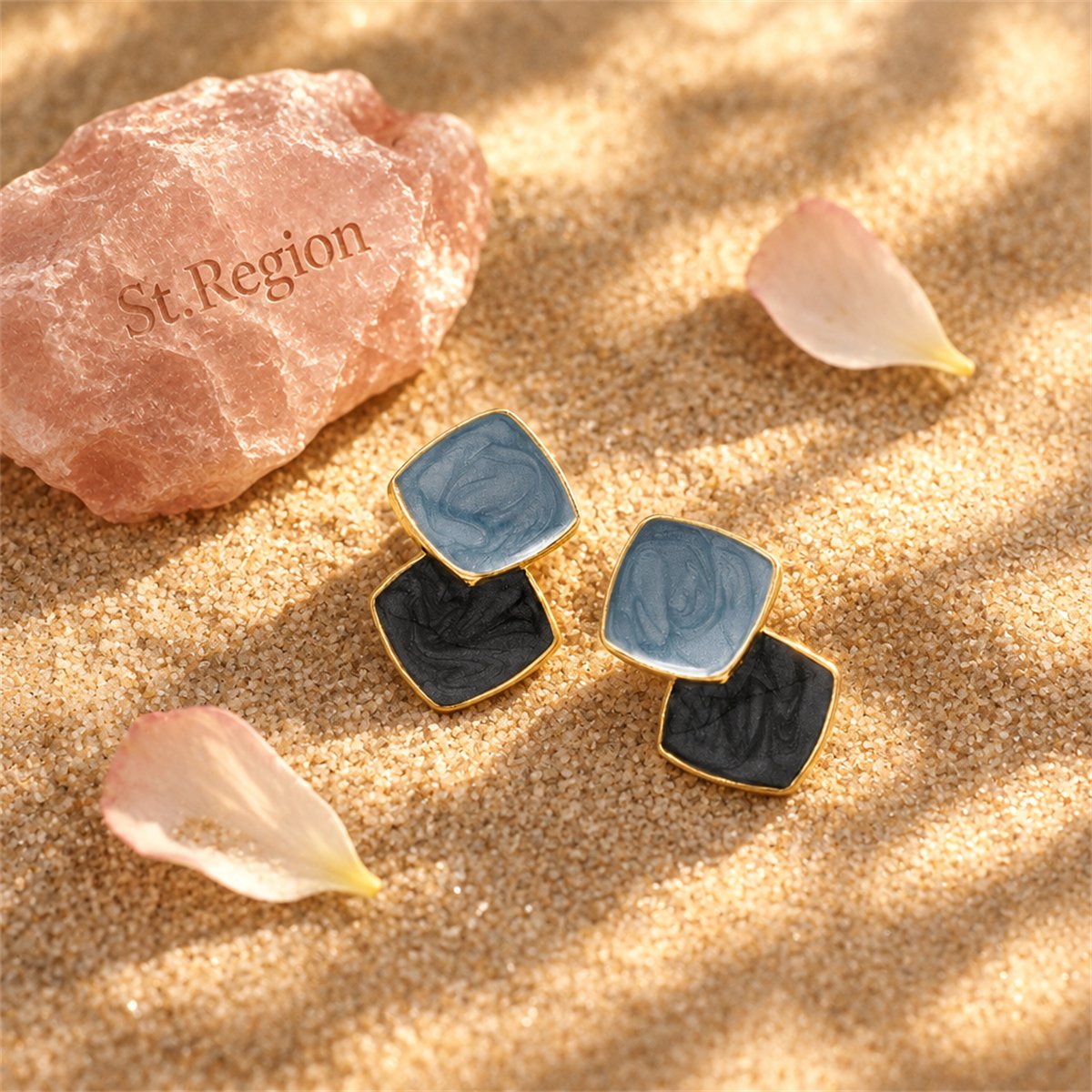 Blue Enamel and 18K Gold-Plated Stacked Block Stud Earrings, gold stud earrings for women, detail close-up
