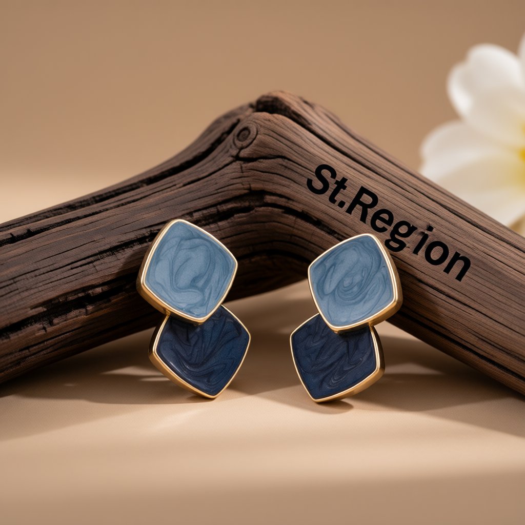 Blue Enamel and 18K Gold-Plated Stacked Block Stud Earrings, gold stud earrings for women, elegant gift for her, front view