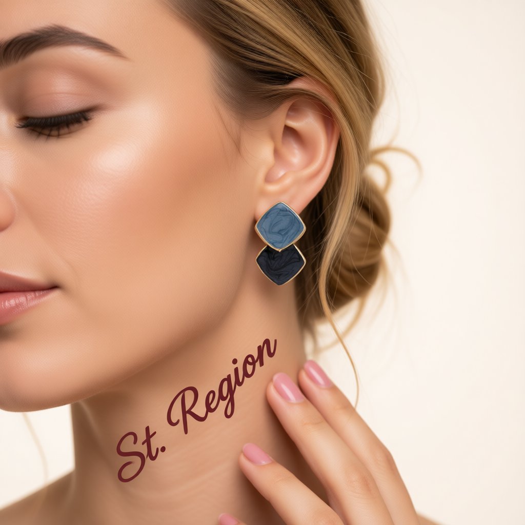 Blue Enamel and 18K Gold-Plated Stacked Block Stud Earrings, gold stud earrings for women, elegant gift for her, styled look
