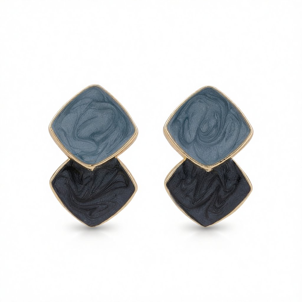 Blue Enamel and 18K Gold-Plated Stacked Block Stud Earrings, gold stud earrings for women, elegant gift for her, side view