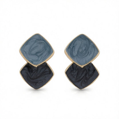 Blue Enamel and 18K Gold-Plated Stacked Block Stud Earrings, gold stud earrings for women, elegant gift for her, side view