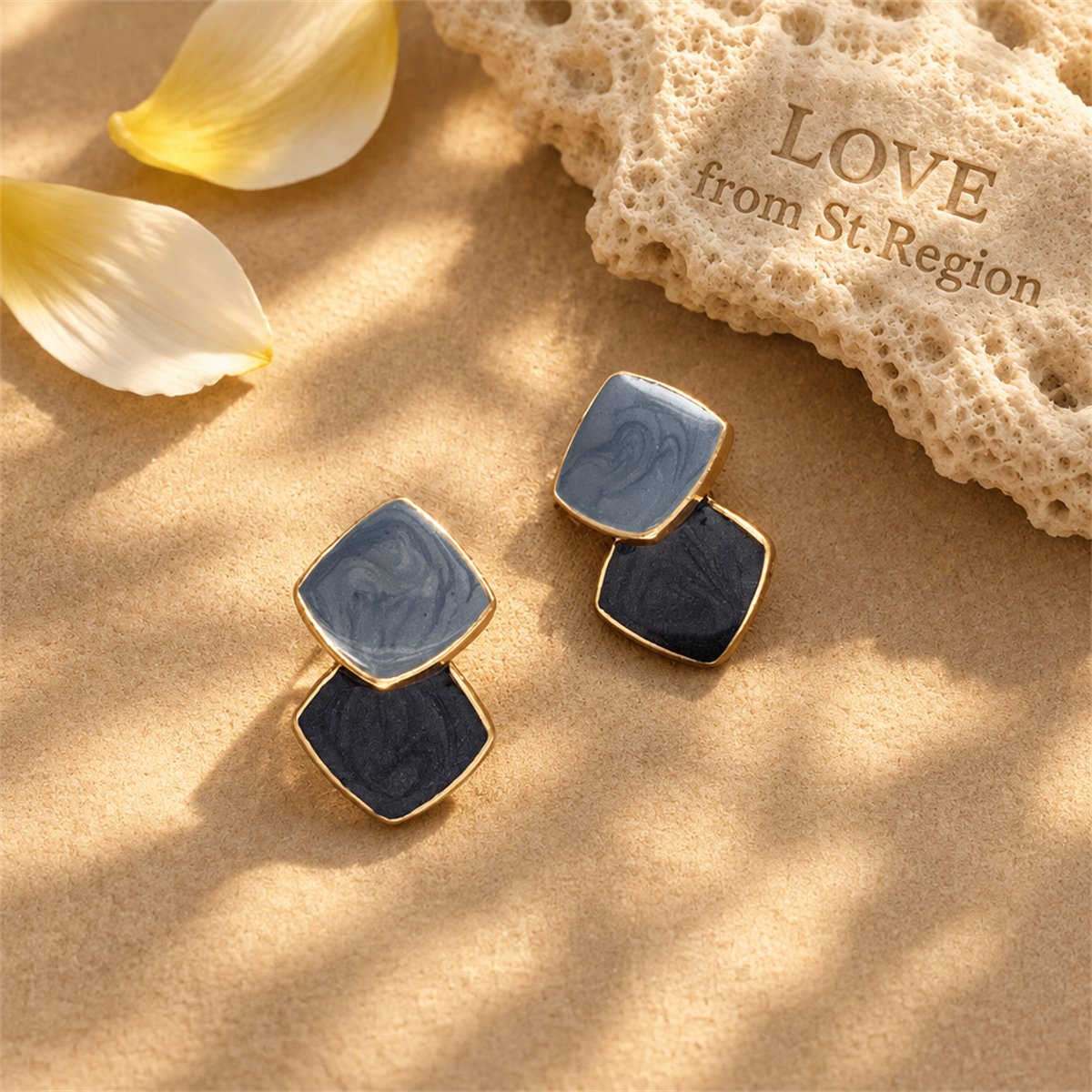 Blue Enamel and 18K Gold-Plated Stacked Block Stud Earrings, gold stud earrings for women, lifestyle look