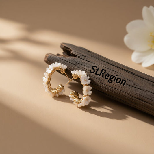 White Acrylic and 18K Gold-Plated Flower Huggie Earrings, gold huggie earrings, dainty minimalist design, front view