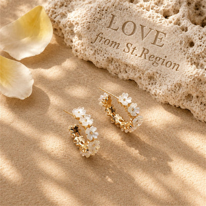 White Acrylic & 18K Gold-Plated Flower Huggie Earrings