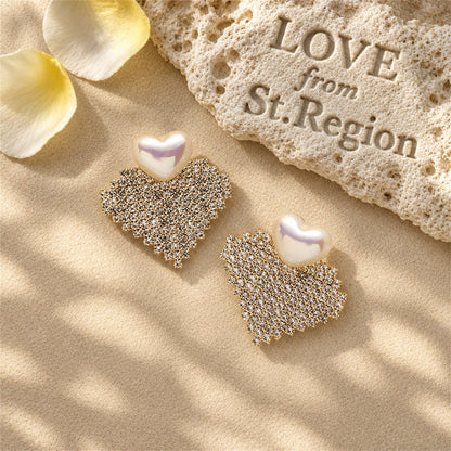 Pearl and 18K Gold-Plated Cubic Zirconia-Accent Heart Drop Earrings, gold drop earrings for women, lifestyle look