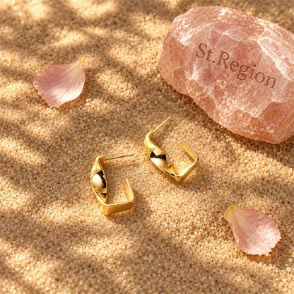 18K Gold-Plated Twisted Bar Huggie Earrings, gold huggie earrings, dainty minimalist design, detail close-up