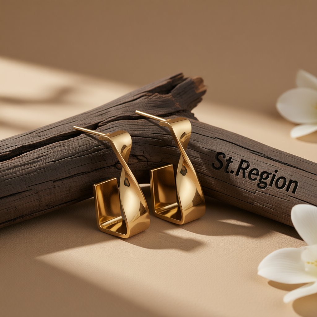 18K Gold-Plated Twisted Bar Huggie Earrings, gold huggie earrings, dainty minimalist design, front view