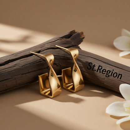 18K Gold-Plated Twisted Bar Huggie Earrings, gold huggie earrings, dainty minimalist design, front view