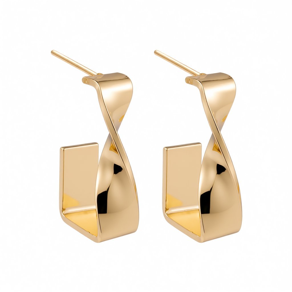 18K Gold-Plated Twisted Bar Huggie Earrings, gold huggie earrings, dainty minimalist design, side view