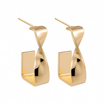 18K Gold-Plated Twisted Bar Huggie Earrings, gold huggie earrings, dainty minimalist design, side view