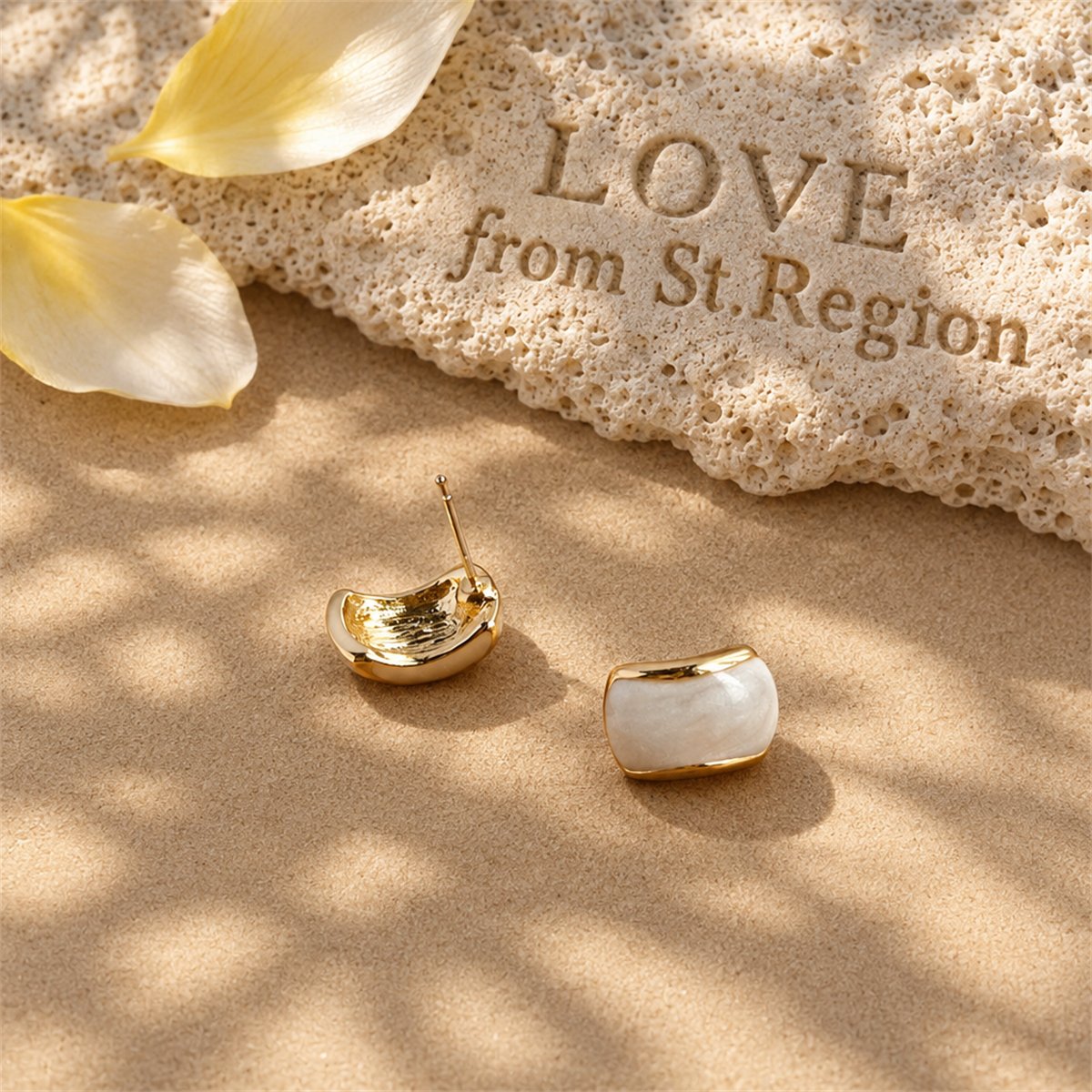 Beige Enamel and 18K Gold-Plated Curved Stud Earrings, gold stud earrings for women, vintage-inspired design, lifestyle look
