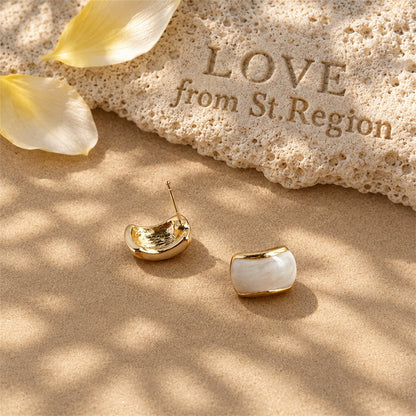 Beige Enamel and 18K Gold-Plated Curved Stud Earrings, gold stud earrings for women, vintage-inspired design, lifestyle look