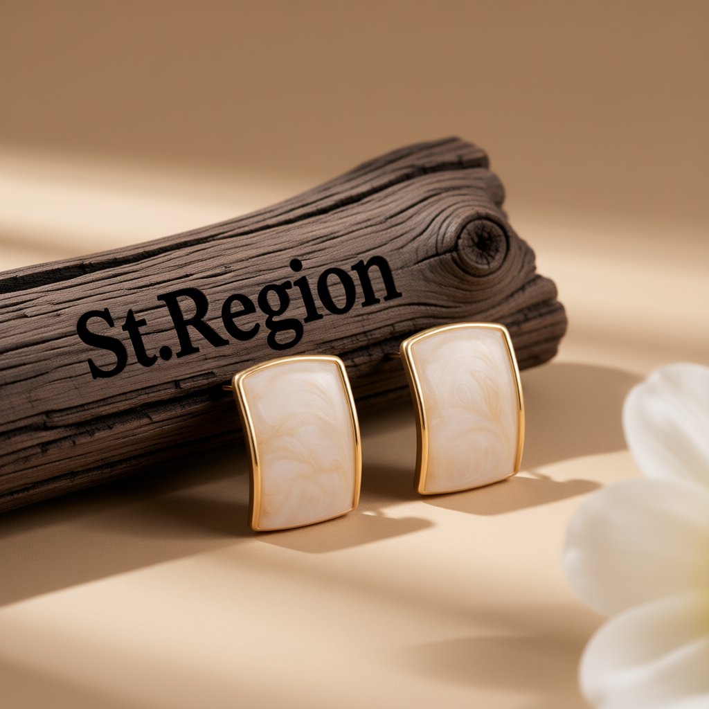 Beige Enamel and 18K Gold-Plated Curved Stud Earrings, gold stud earrings for women, vintage-inspired design, front view