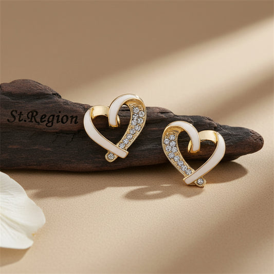 18K Gold-Plated & Cubic Zirconia Open Heart Stud Earring - Street Region