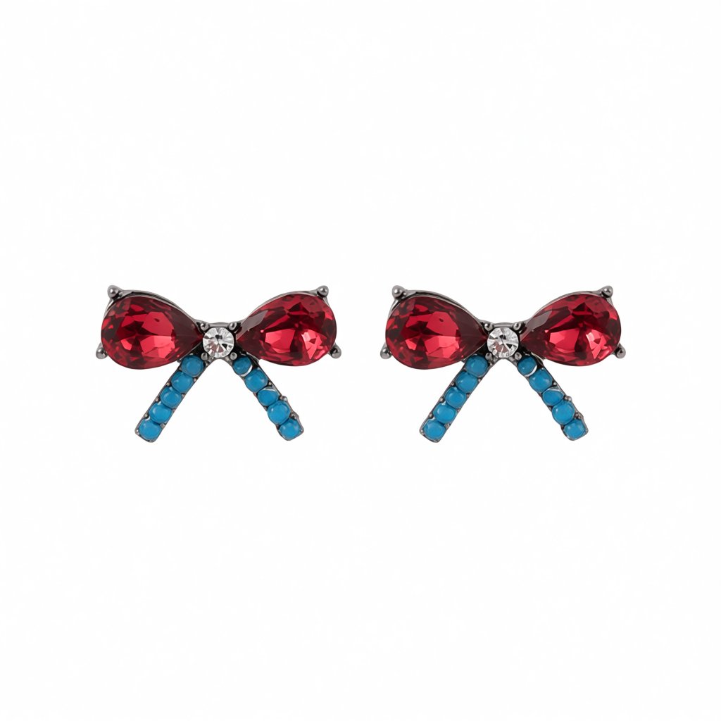 Red Crystal and Cubic Zirconia Bow Stud Earrings, stud earrings for women, elegant gift for her, side view