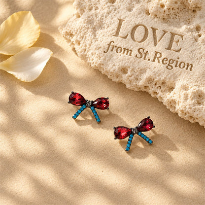 Red Crystal and Cubic Zirconia Bow Stud Earrings, stud earrings for women, elegant gift for her, lifestyle look