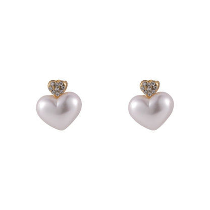 Pearl and Cubic Zirconia Heart Stud Earrings, stud earrings for women, botanical inspired, side view