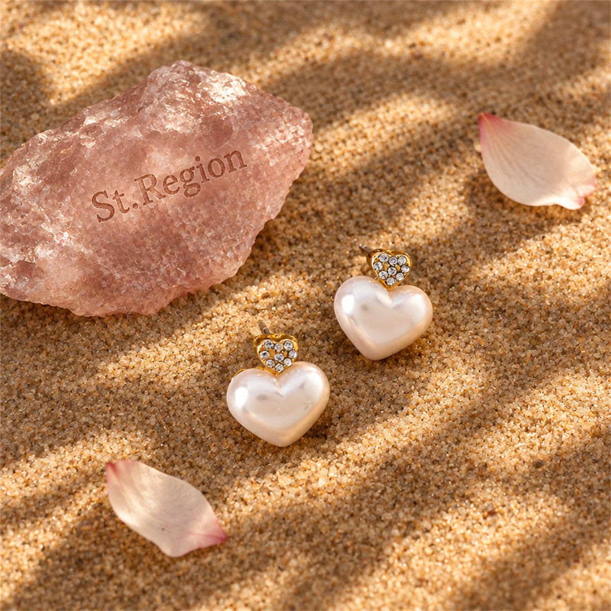 Pearl and Cubic Zirconia Heart Stud Earrings, stud earrings for women, botanical inspired, detail close-up