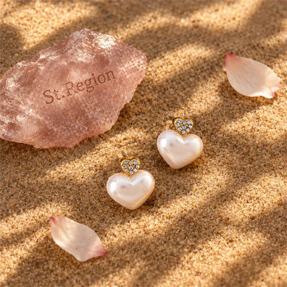 Pearl and Cubic Zirconia Heart Stud Earrings, stud earrings for women, botanical inspired, detail close-up