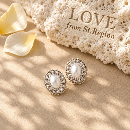 Pearl and Silver-Plated Oval Stud Earrings, silver stud earrings for women, vintage-inspired design, lifestyle look