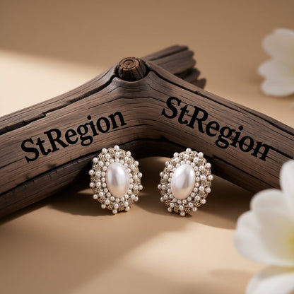Pearl and Silver-Plated Oval Stud Earrings, silver stud earrings for women, vintage-inspired design, front view