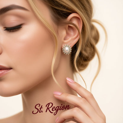 Pearl and Silver-Plated Oval Stud Earrings, silver stud earrings for women, vintage-inspired design, styled look
