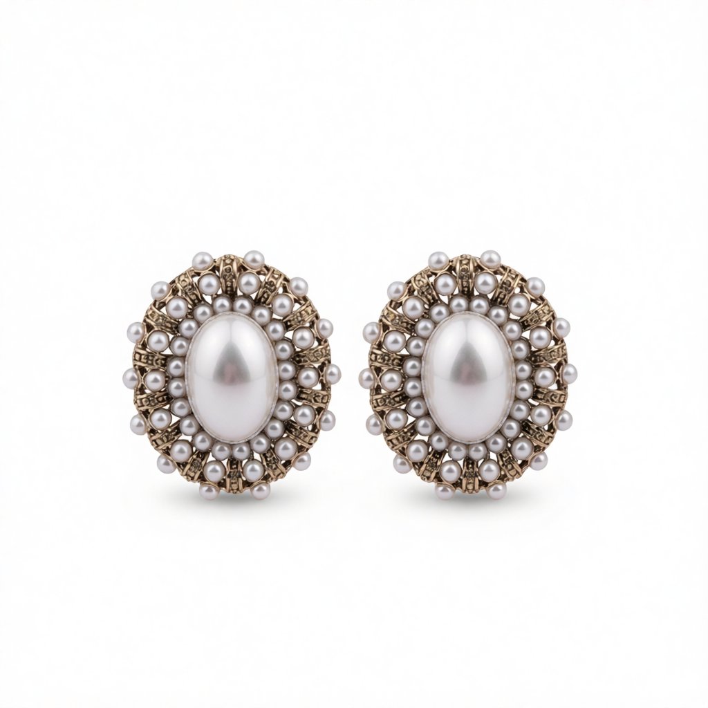 Pearl and Silver-Plated Oval Stud Earrings, silver stud earrings for women, vintage-inspired design, side view