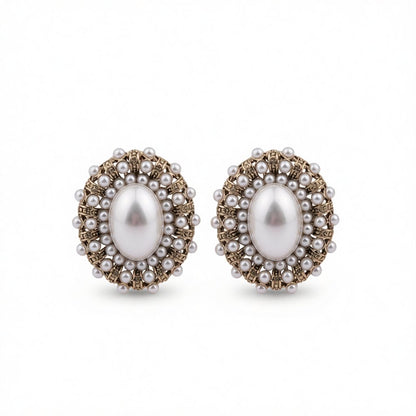 Pearl and Silver-Plated Oval Stud Earrings, silver stud earrings for women, vintage-inspired design, side view