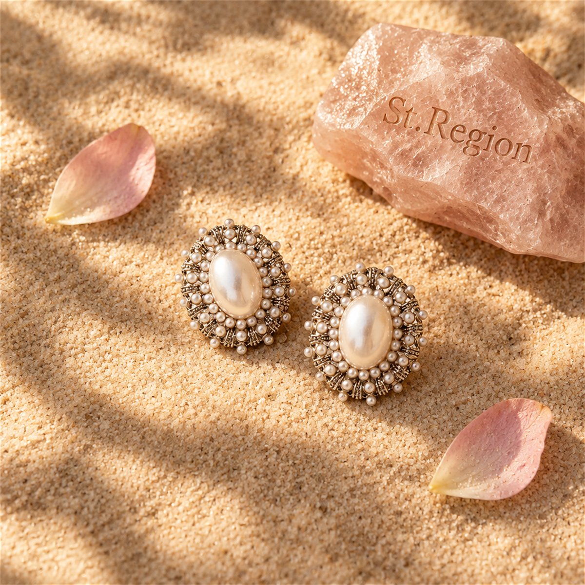 Pearl and Silver-Plated Oval Stud Earrings, silver stud earrings for women, vintage-inspired design, detail close-up