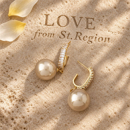 Champagne Pearl and 18K Gold-Plated Drop Earrings, gold drop earrings for women, dainty minimalist design, lifestyle look