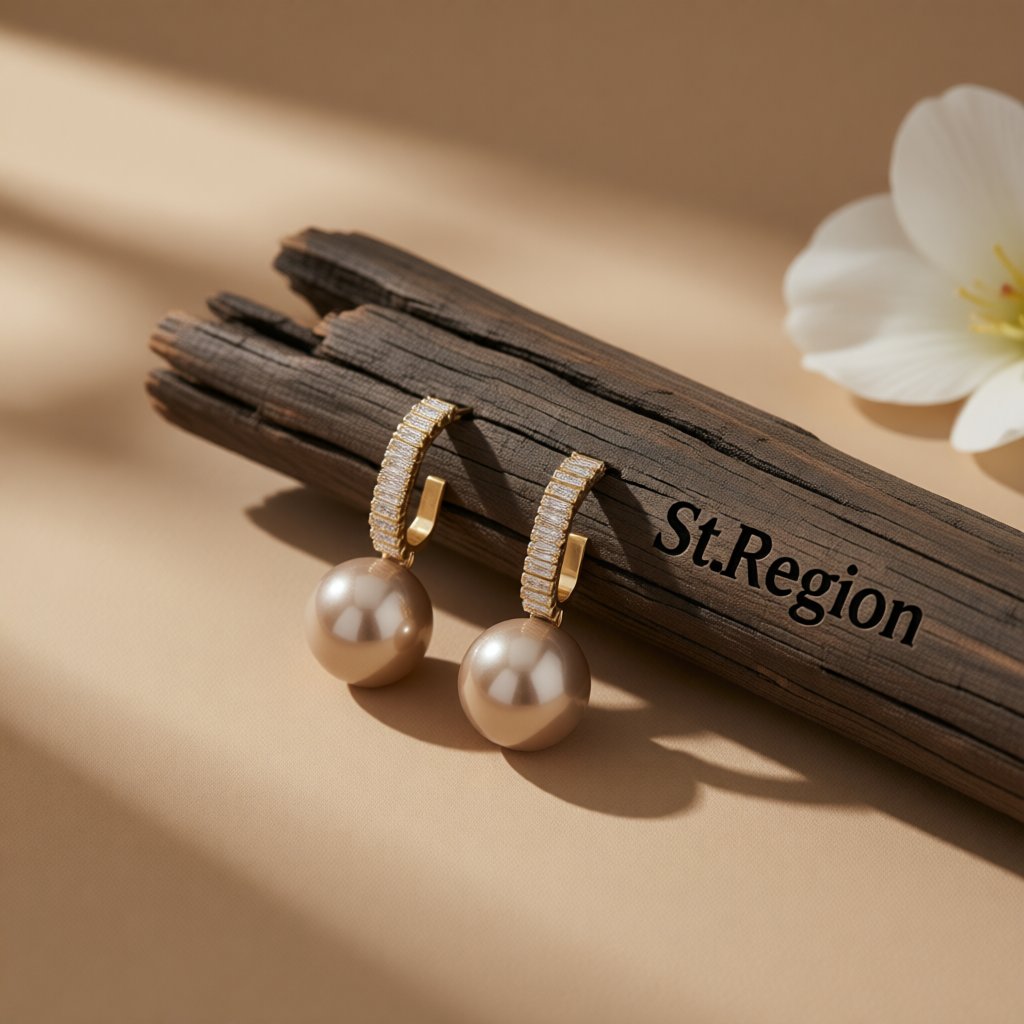 Champagne Pearl and 18K Gold-Plated Drop Earrings, gold drop earrings for women, dainty minimalist design, front view