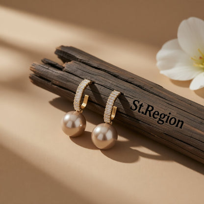 Champagne Pearl and 18K Gold-Plated Drop Earrings, gold drop earrings for women, dainty minimalist design, front view