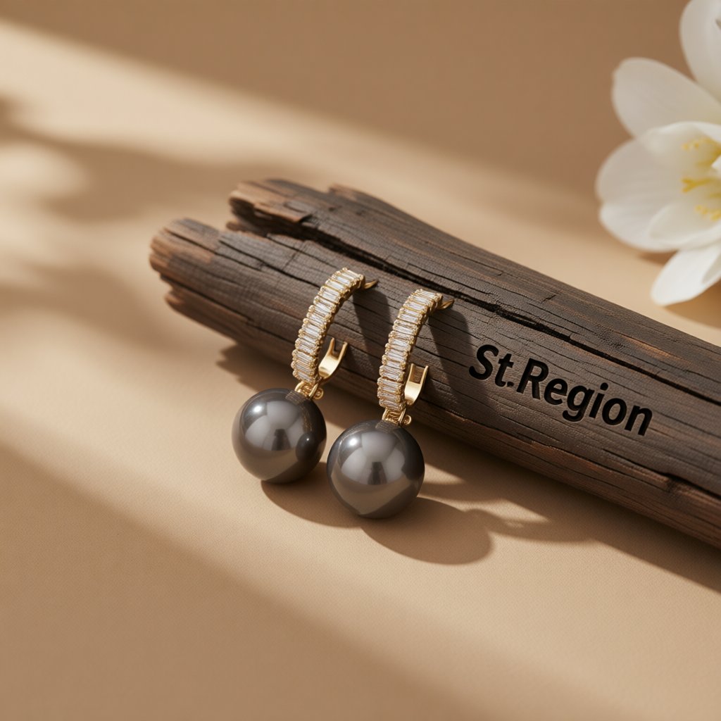 Gray Pearl and 18K Gold-Plated Drop Earrings, gold drop earrings for women, elegant gift for her, front view