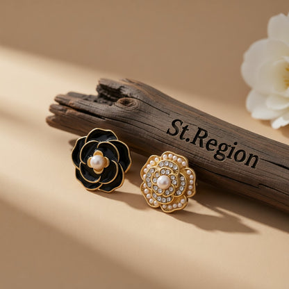 Black Enamel and Pearl Camellia Stud Earrings, stud earrings for women, vintage-inspired design, front view