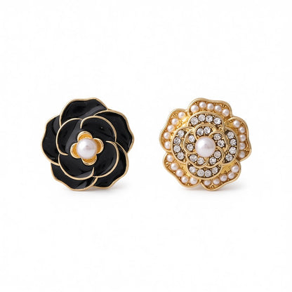 Black Enamel and Pearl Camellia Stud Earrings, stud earrings for women, vintage-inspired design, side view