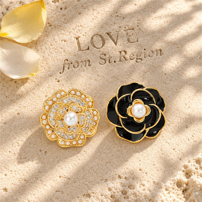 Black Enamel and Pearl Camellia Stud Earrings, stud earrings for women, vintage-inspired design, lifestyle look